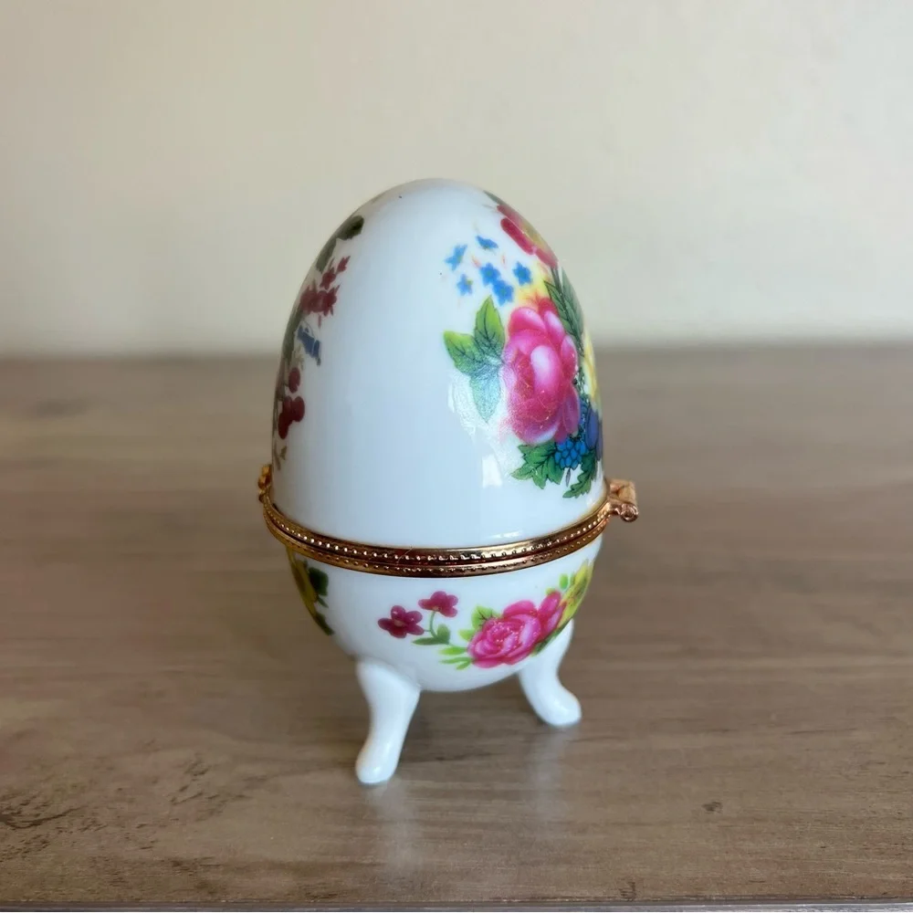 Vintage Porcelain Egg Trinket Box Jewelry Holder Floral Hinged Decor